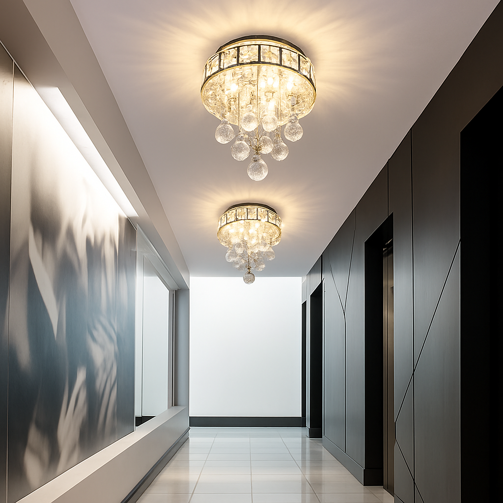Plafonnier moderne en cristal led suspendu intérieur chrome Valérian Galbe - Éclat du Cristal & Décor Singulier