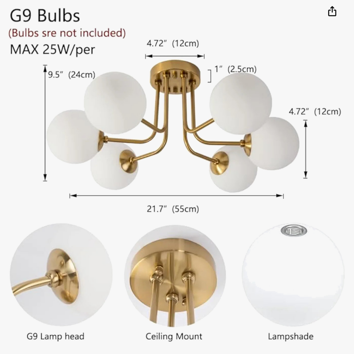 Abat-jour — Moderne en fer forgé chambre salon lampe de porche avec abat-jour sphérique en verre blanc plafonnier semi-encastré