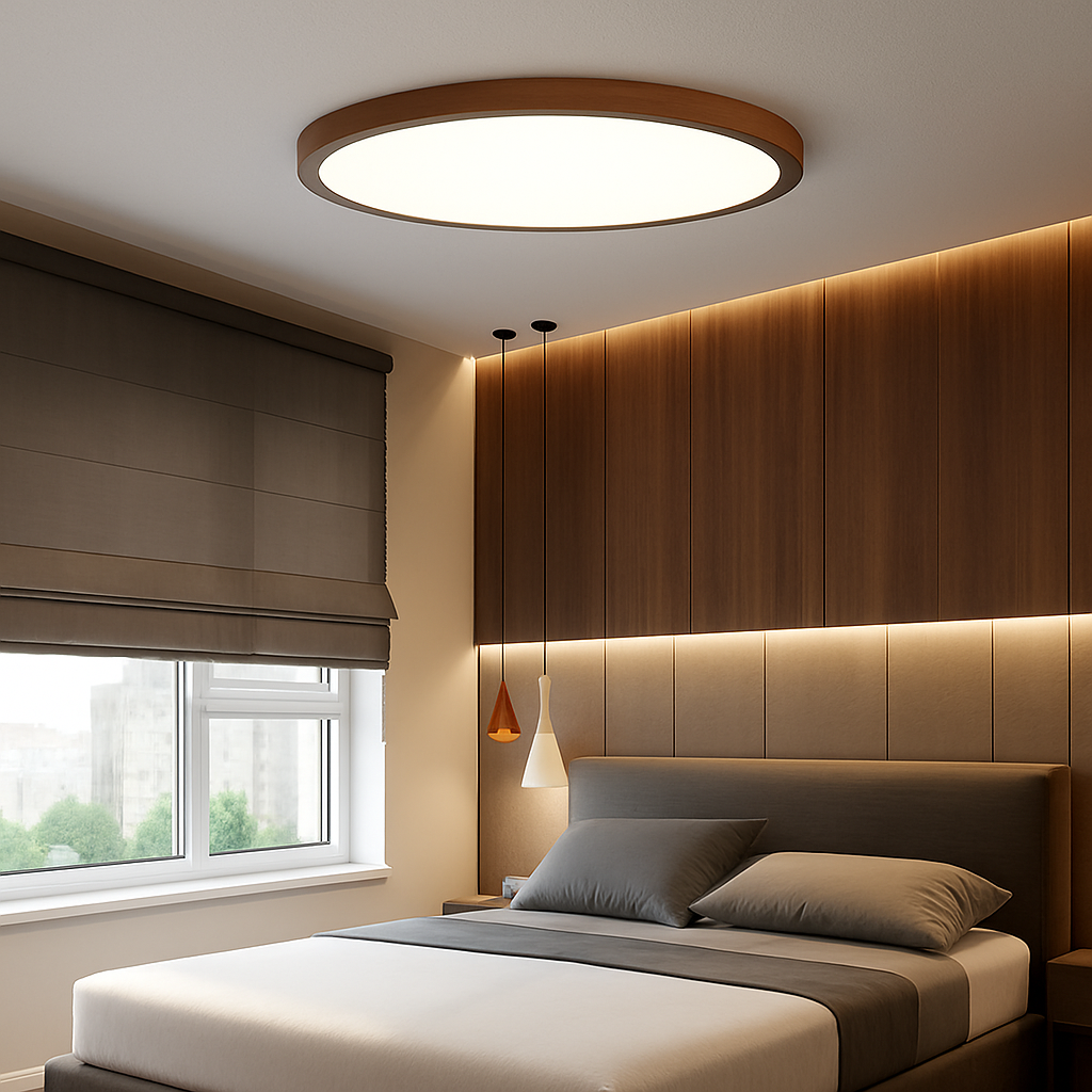 Plafonnier rond ultra mince en noyer pour un éclairage moderne Perrine Éclaircie en Bois - Une Touche Naturelle dans le Décor