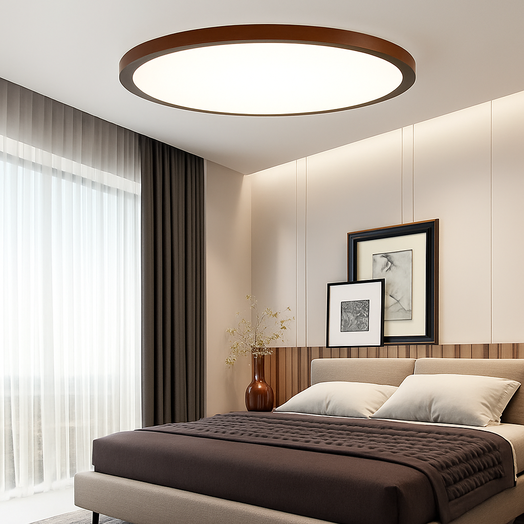 Plafonnier rond ultra mince en noyer pour un éclairage moderne Perrine Éclaircie en Bois - Une Touche Naturelle dans le Décor