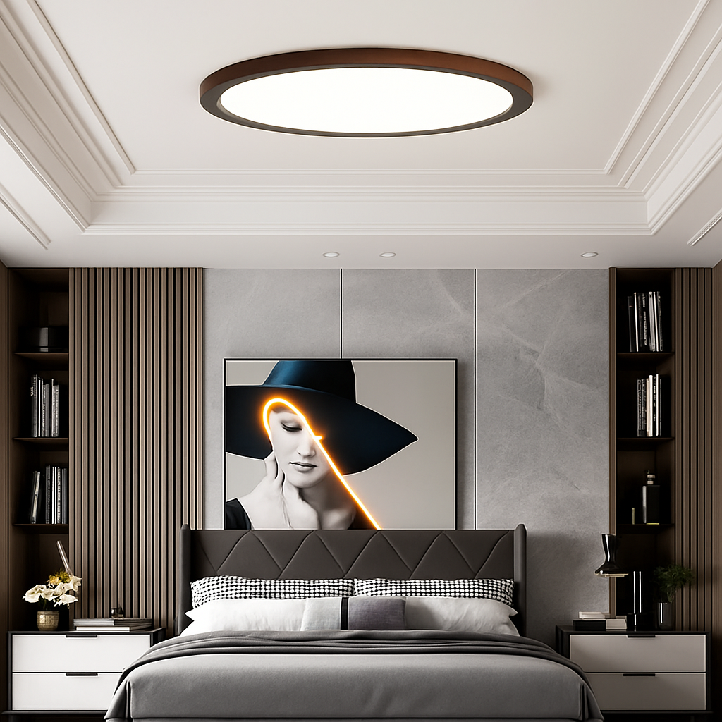 Plafonnier rond ultra mince en noyer pour un éclairage moderne Perrine Éclaircie en Bois - Une Touche Naturelle dans le Décor