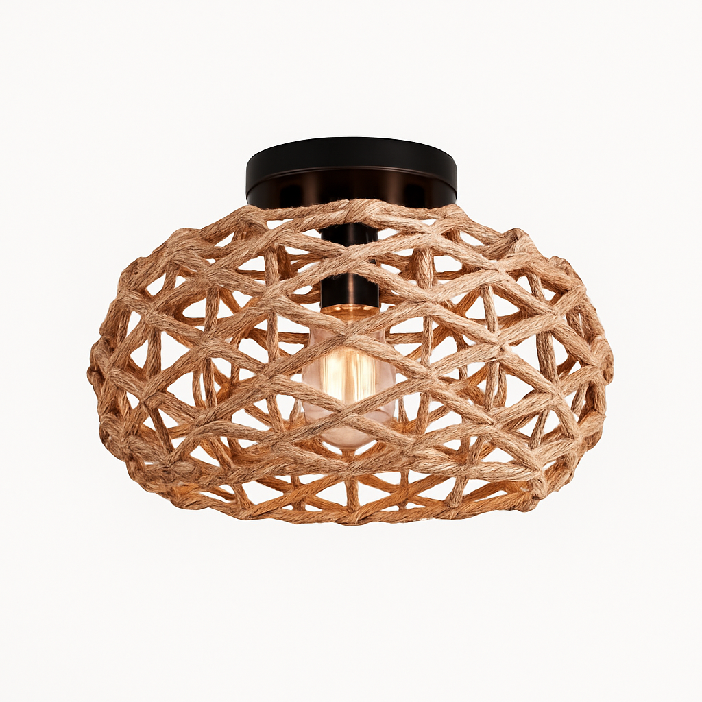 Plafonnier rustique industriel tissé en corde de chanvre Hector Orée en Bois - Matière Chaleureuse & Lignes Élégantes