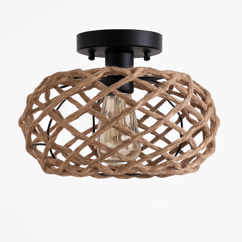 Plafonnier rustique industriel tissé en corde de chanvre Hector Orée en Bois - Matière Chaleureuse & Lignes Élégantes