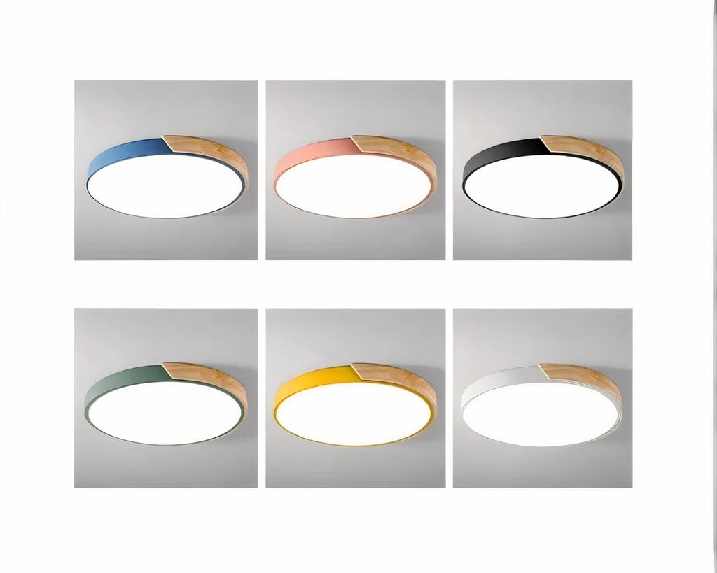 Plafonnier salle de bain circulaire bord en bois et couleur
