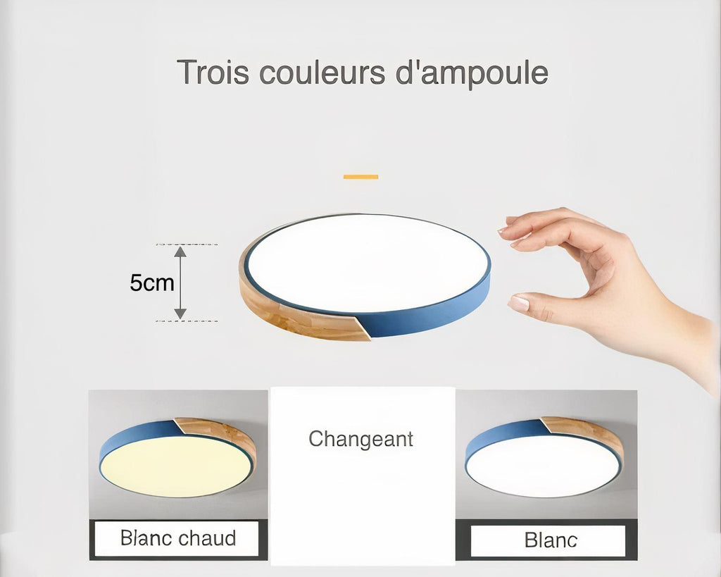 Plafonnier salle de bain circulaire bord en bois et couleur