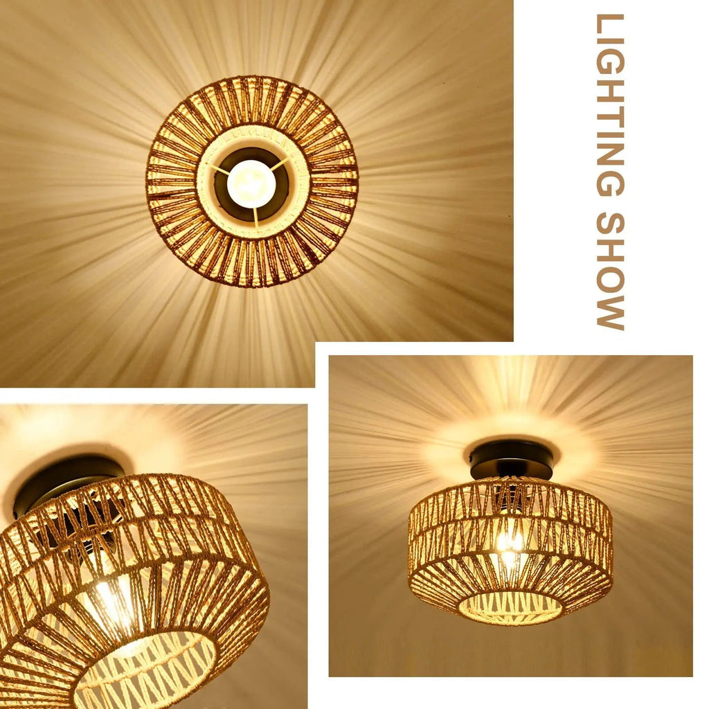 Plafonnier — Rotin E27 Ampoules Lustre Luminaire Tissé À La Main Lampe Celing Lampe Encastrée Pour Couloir Chambre Cuisine