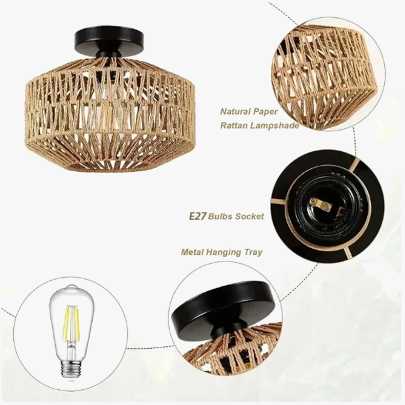 Plafonnier — Rotin E27 Ampoules Lustre Luminaire Tissé À La Main Lampe Celing Lampe Encastrée Pour Couloir Chambre Cuisine