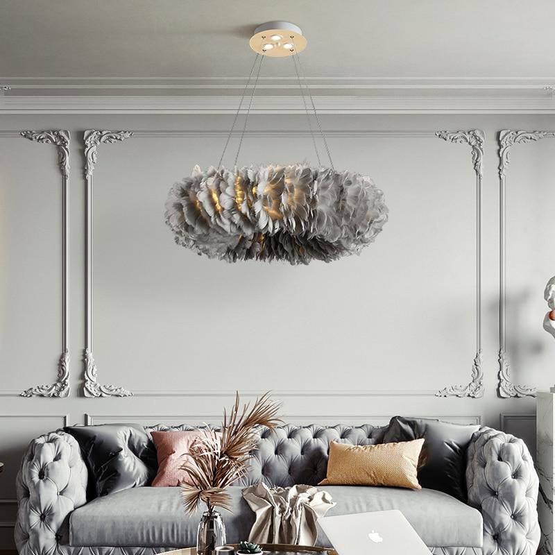 Lustre rond design LED en plumes colorées