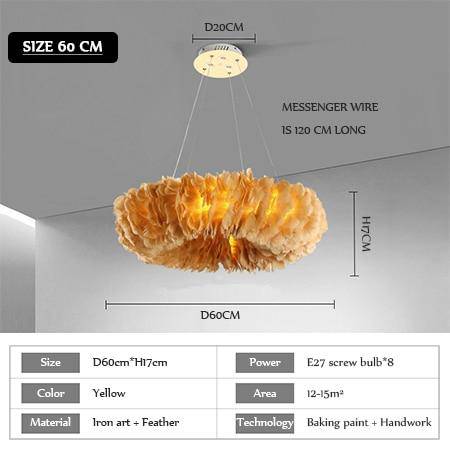 Lustre rond design LED en plumes colorées