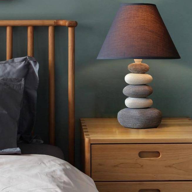 Lampe à poser design LED en galets avec abat-jour gris Nordic