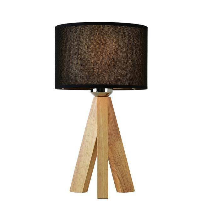 Lampe de chevet avec abat-jour en tissu et pied en bois (noir ou blanc)