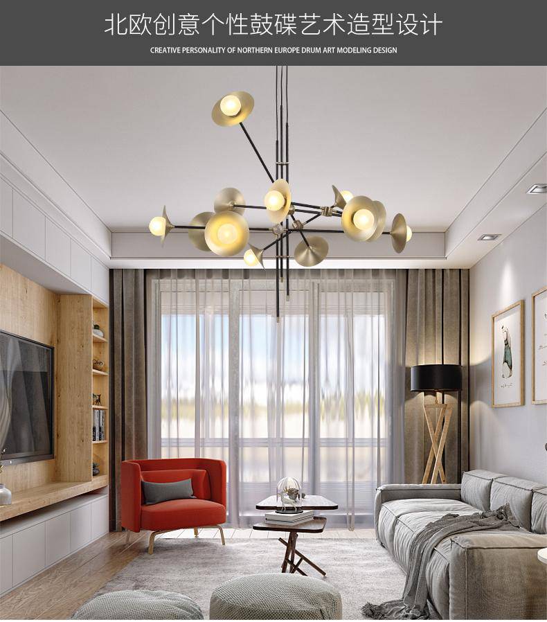 Lustre — Design à LED avec branches articulées et lampes dorées Modern