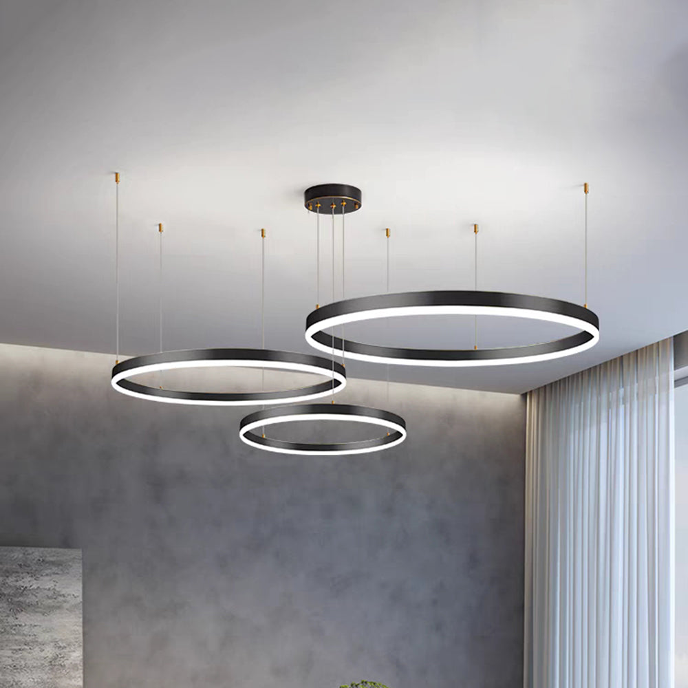 Remi Suspension Anneau Moderne Métal Salon - Cadre noir - 20 40 60 cm 3 Anneaux - Blanc froid Sans télécommande