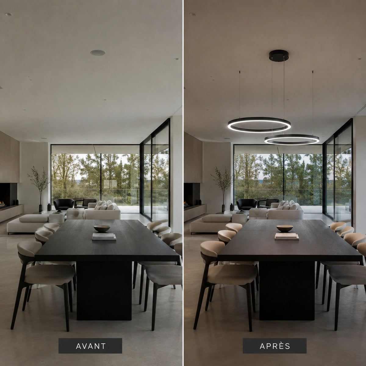 Remi suspension anneaux noirs 40 et 60 cm avant après dans grand salon
