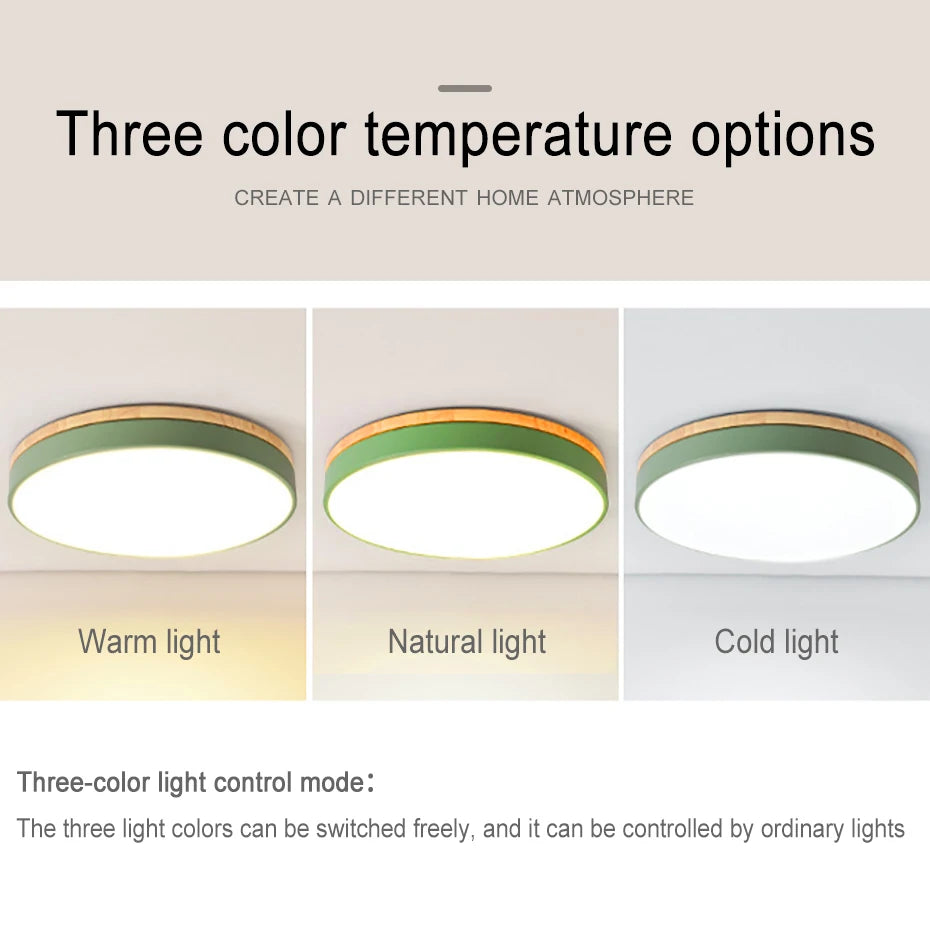 Plafonnier — Rond 7 couleurs nordique LED plafonniers pour salon chambre plafonniers en bois 3 lumières couleur réglable couloir balcon