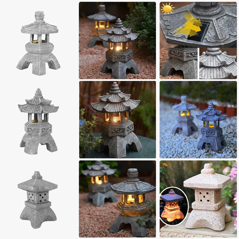 sculpture de jardin lampe solaire en résine design japonais étanche