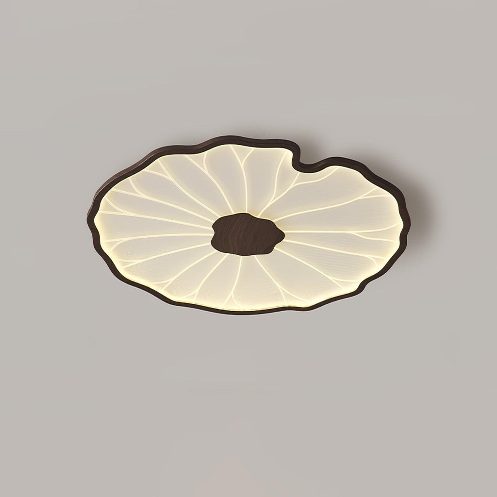 Solara Plafonnier Feuille de Lotus - Diam. 52 cm x hauteur 4 cm - Finition hydrographique en grain de bois de noyer - Lumière chaude