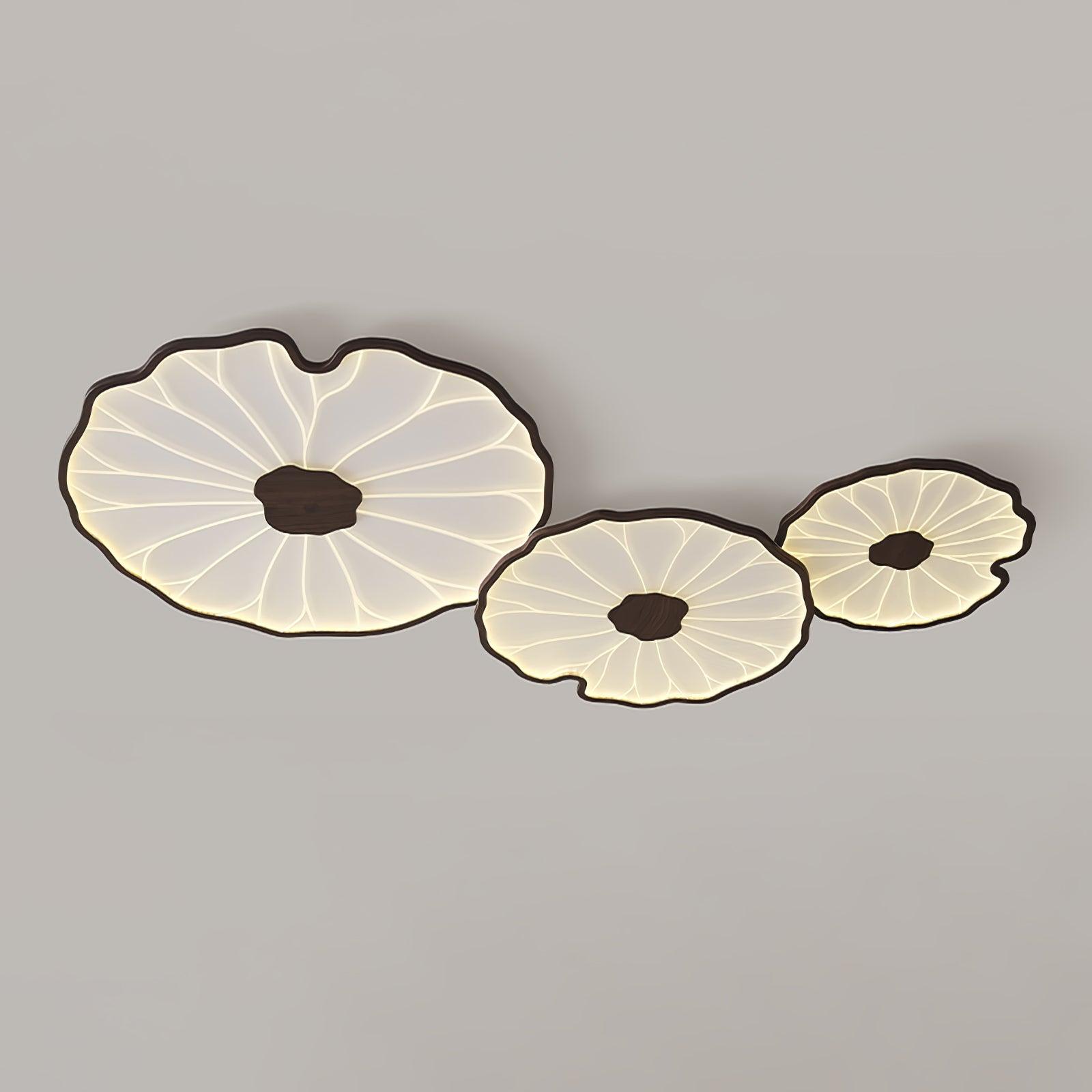 Solara Plafonnier Feuille de Lotus - longueur 100 cm x largeur 60 cm x hauteur 6 cm - Finition hydrographique en grain de bois de noyer - Lumière chaude