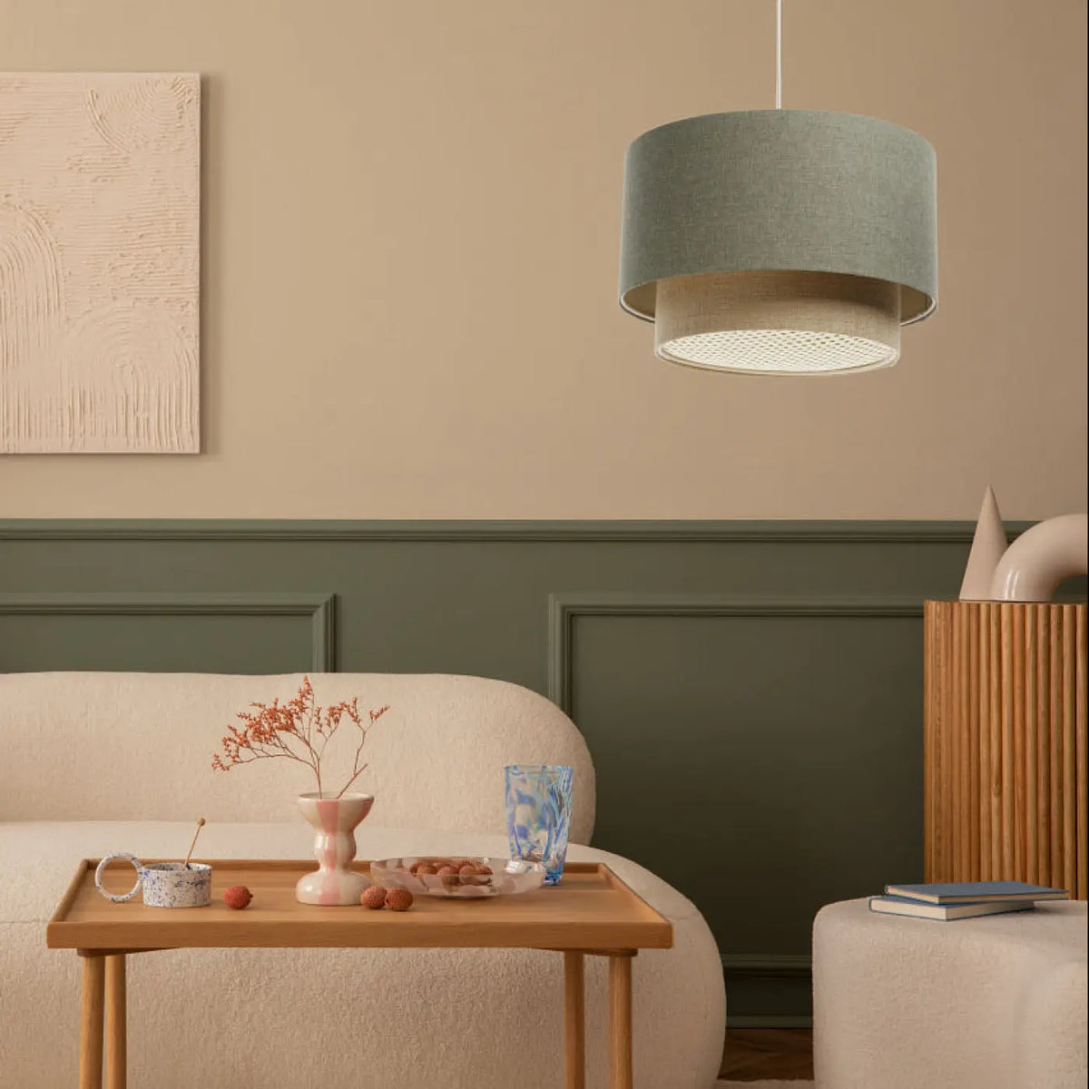 Suspension Luminaire | DUO RATTAN (Vert Gris/Beige/Ecru)