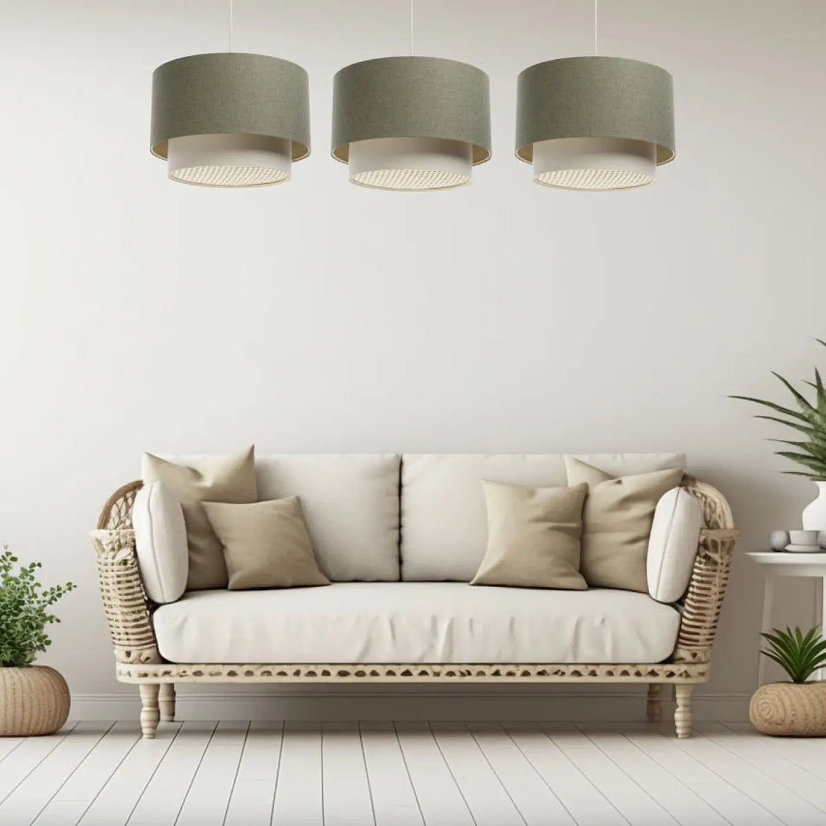 Suspension Luminaire | DUO RATTAN (Vert Gris/Crème/Ecru)